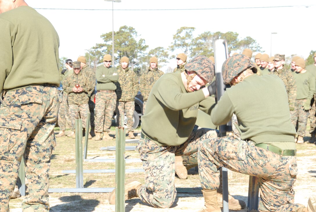 On March 16th, 2017 MCES held its annual Engineer Field Meet on Ellis Field. The annual field meet is held to celebrate the patron saint of engineers, St. Patrick; as well as build camaraderie, espirit de corps, and compete for the four-leaf clover trophy. For the Engineer Stake Driving Relay, a team of Marines use an engineer stake driver to manually sink a total of four engineer stakes into the ground. 
