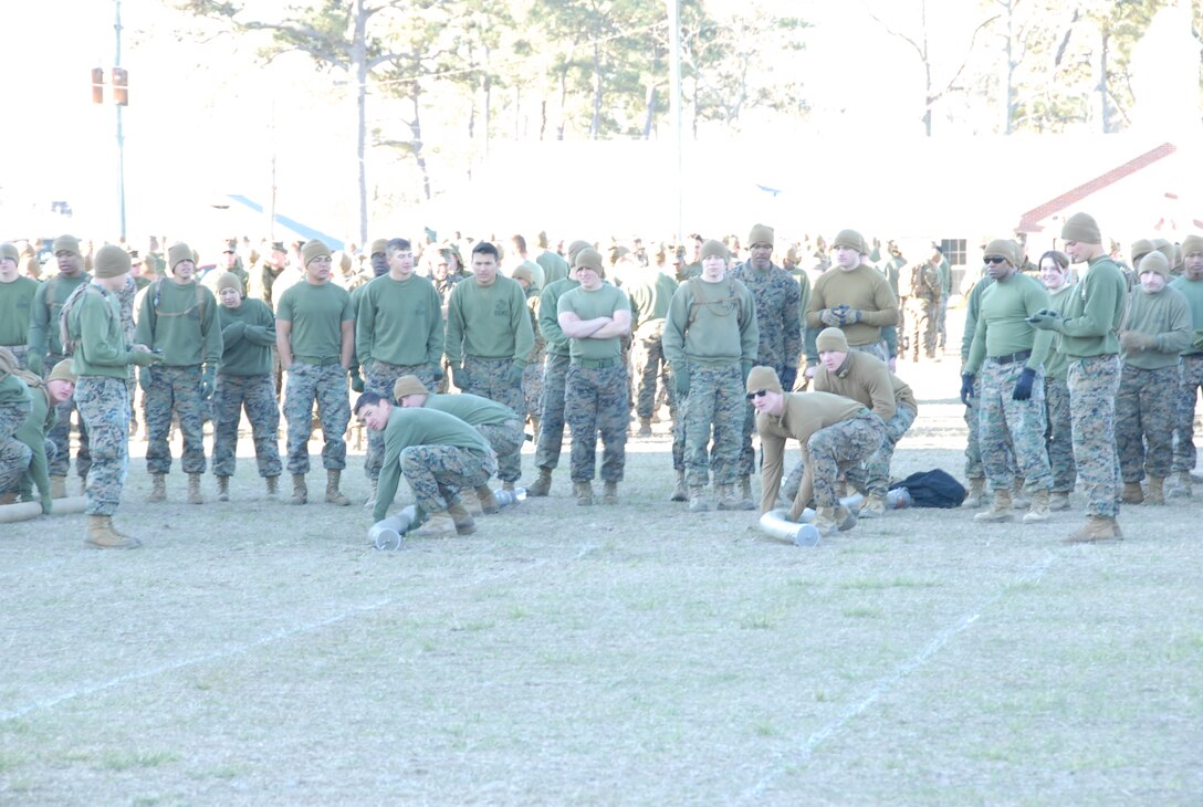 On March 16th, 2017 MCES held its annual Engineer Field Meet on Ellis Field. The annual field meet is held to celebrate the patron saint of engineers, St. Patrick; as well as build camaraderie, espirit de corps, and compete for the four-leaf clover trophy. During the Water Hose Relay a team of Marines, broken into two Marine legs; takes turns running a hose approximately 50 meters to a turn-around point and then runs back.