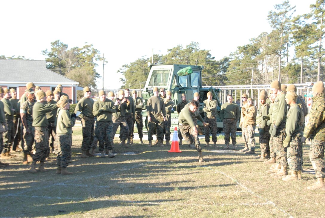 On March 16th, 2017 MCES held its annual Engineer Field Meet on Ellis Field. The annual field meet is held to celebrate the patron saint of engineers, St. Patrick; as well as build camaraderie, espirit de corps, and compete for the four-leaf clover trophy. During the Blarney Stone Toss, Marines test their strength to see who can toss, lob, or hurl a green stone the farthest.