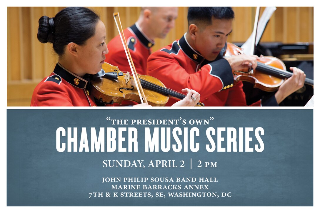 Coordinated by clarinetist Master Gunnery Sgt. Elizabeth Matera, this concert will feature several different ensembles formed by members of “The President’s Own,” including a brass choir, percussion trio, and string and wind ensembles. The concert will take place at 2 p.m., Sunday, April 2, in John Philip Sousa Band Hall at the Marine Barracks Annex. Admission is free and free parking is available under the overpass on 7th street across from the Annex.