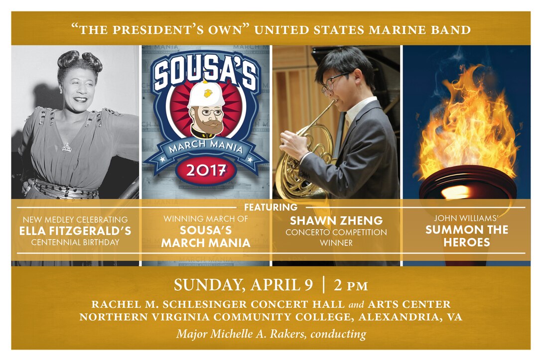 This concert will feature 2017 Concerto Competition winner French horn player Shawn Zheng performing Richard Strauss’ Allegro from Horn Concerto No. 1 in E-flat. The program will feature another winner: the champion march from the Marine Band’s annual “Sousa’s March Mania” tournament. The concert will also include fantastic staples of the wind band repertoire, and a commemorative new arrangement in honor of Ella Fitzgerald’s centennial birthday. The concert will take place at 2 p.m., Sunday, April 9, at Northern Virginia Community College's Schlesinger Concert Hall in Alexandria, Va. Free admission and parking.