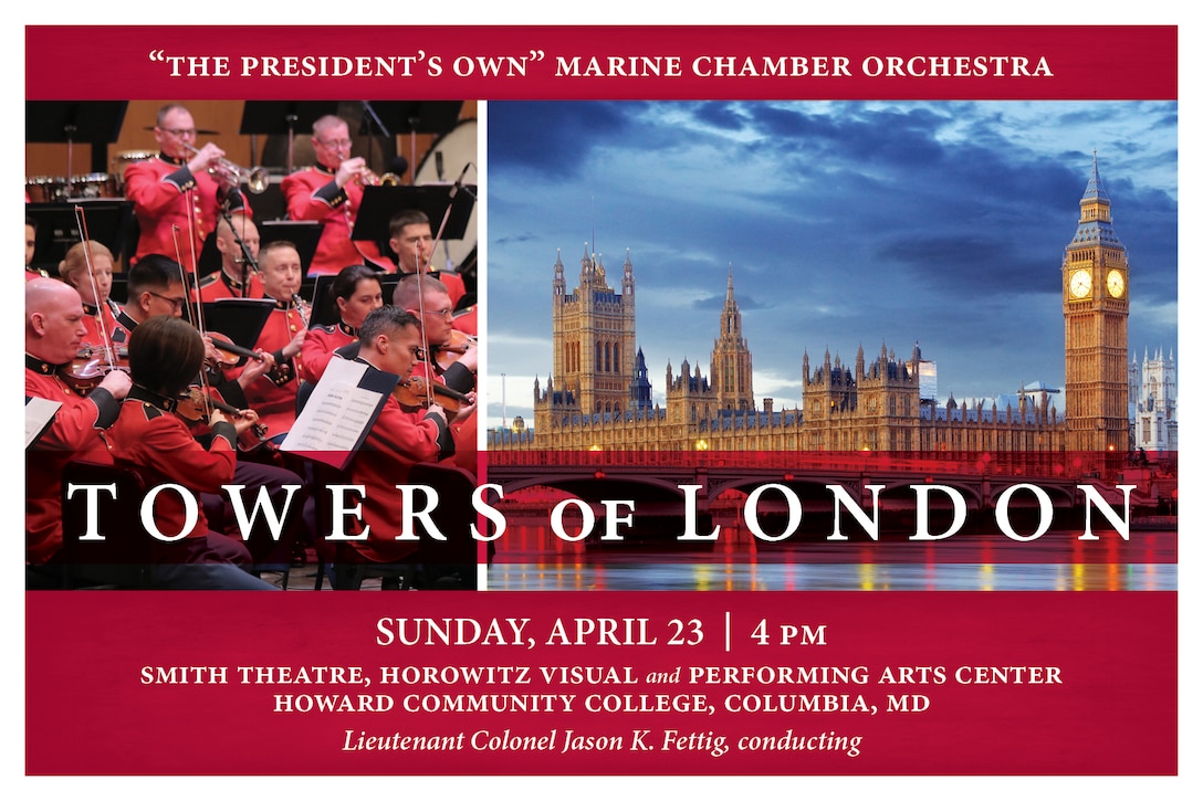 This concert will include works by some of Great Britain’s most prominent composers, including Sir Arthur Sullivan’s Overture to Iolanthe; Benjamin Britten’s Suite on English Folk Tunes, Opus 90; and Ralph Vaughan Williams’ Concerto in F minor for Bass Tuba and Orchestra, featuring assistant principal tuba Gunnery Sgt. Franklin Crawford. The program will close with Franz Joseph Haydn’s Symphony No. 104 in D, London. Although Haydn was Austrian, he made several extended stays in England and composed his last 12 symphonies in London which garnered that body of work the nickname of the “London Symphonies.” The concert will take place at 4 p.m., Sunday, April 23, at Howard Community College's Horowitz Visual and Performing Arts Center in Columbia, Md. Free parking.

Free tickets required. For tickets, call HCC Box Office at 443-518-1500. 