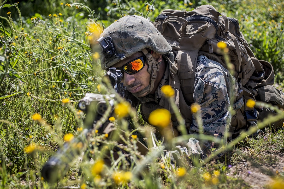 Marine Corps Lance Cpl. Cris Tisdale provides security during a raid rehearsal at Camp Pendleton, Calif., March 16, 2017. Tisdale is a rifleman assigned to 3rd Battalion, 5th Marine Regiment. The unit is training to maintain proficiency as it prepares to deploy with the 15th Marine Expeditionary Force. Marine Corps photo by Lance Cpl. Rhita Daniel
