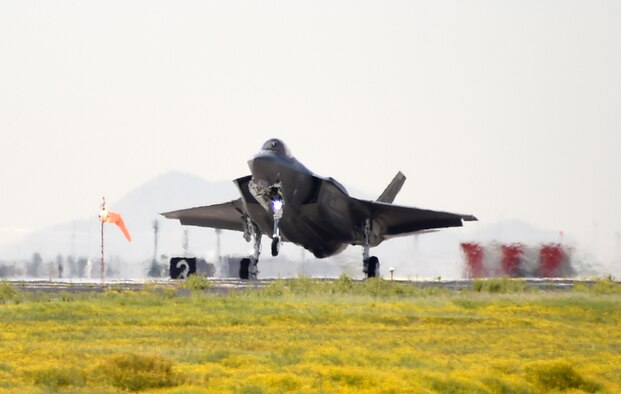 Lt. Col. Matt Vedder, 63rd Fighter Squadron commander, lands the 63rd Fighter Squadron's first F-35 Lightning II aircraft March, 20, 2017, at Luke Air Force Base, Ariz. The new jet makes the 51st F-35 Lightning II aircraft assigned to Luke. (U.S. Air Force photo by Airman 1st Class Alexander Cook)
