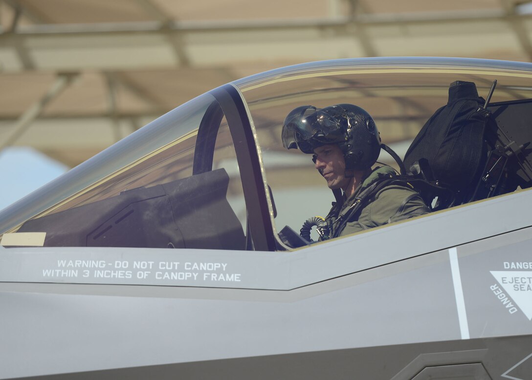 Lt. Col. Matthew Vedder, 63rd Fighter Squadron commander, sits in the cockpit of an F-35 Lightning II after landing March 20, 2017, at Luke Air Force Base, Ariz. Vedder flew the squadron’s flagship F-35 for the 63rd FS from Fort Worth, Texas, marking the 51st F-35 at Luke. (U.S. Air Force photo by Senior Airman James Hensley)