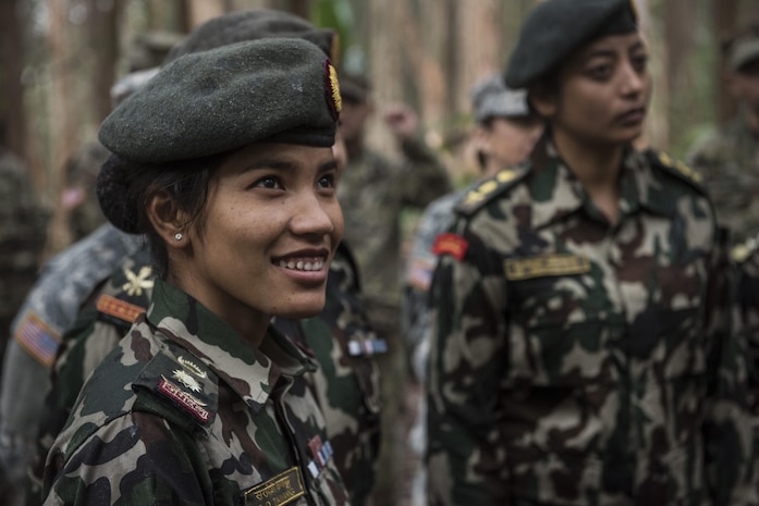 SCHOFIELD BARRACKS, Hawaii - (Feb. 21, 2017) – Capt. Sara Devi Tamang, a Nepalese soldier, attends jungle survival training with U.S. soldiers at the 25th Infantry Division’s Jungle Operations Training Center. The 25th Infantry Division hosted a delegation with female Nepalese Army officers to share information, techniques, tactics and procedures in order to promote the effectiveness and integration of females into combat roles. (Department of Defense photo by Petty Officer 2nd Class Aiyana S. Paschal)