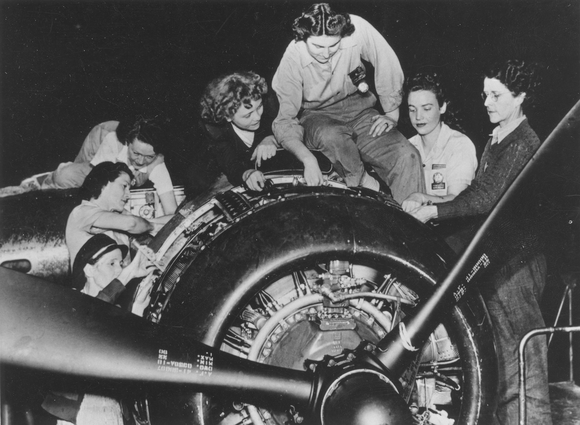 Tinker’s first all-female engine crew on a B-25 engine in 1943. (Photo courtesy of Tinker History Office)