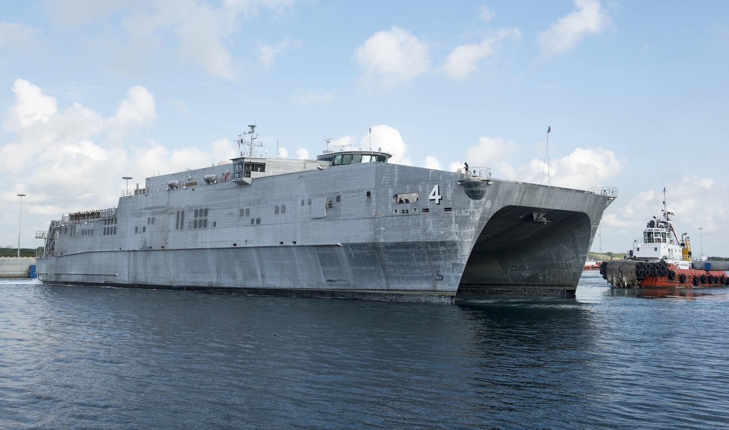 170307-N-OU129-075 HAMBANTOTA, Sri Lanka (Mar. 7, 2017) The expeditionary fast transport ship USNS Fall River (T-EPF-4) arrives in Hambantota to participate in Pacific Partnership 2017 mission stop Sri Lanka March 7. Pacific Partnership is the largest annual multilateral humanitarian assistance and disaster relief preparedness mission conducted in the Indo-Asia-Pacific and aims to enhance regional coordination in areas such as medical readiness and preparedness for manmade and natural disasters. (U.S. Navy photo by Mass Communication Specialist 2nd Class Joshua Fulton/Released)