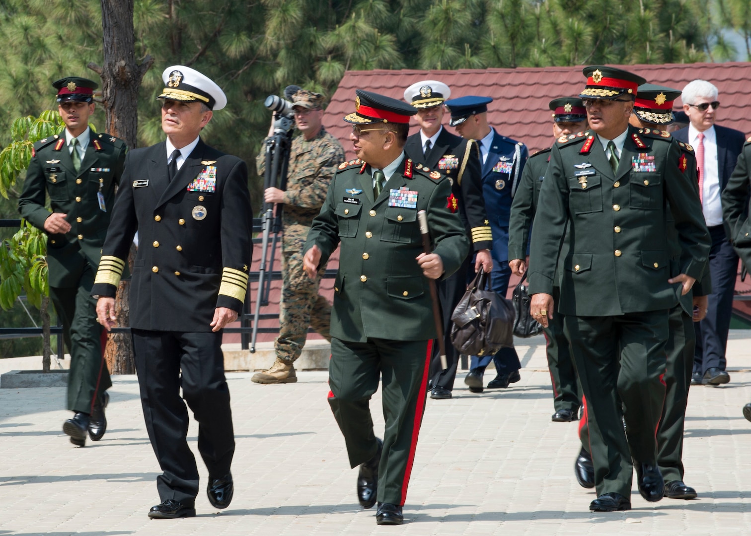 U.S. Pacific Command commander Admiral Harry Harris meets with Chief of Nepalese Army Staff General Rajendra Chhetri after landing at the Birendra Peace Operations Training Centre (BPOTC) in Nepal for the opening ceremony of Shanti Prayas III. Shanti Prayas III is a multinational United Nations peacekeeping exercise designed to provide pre-deployment training to U.N. partner countries in preparation for real-world peacekeeping operations. (U.S. Navy Photo by Petty Officer 2nd Class Taylor Mohr)