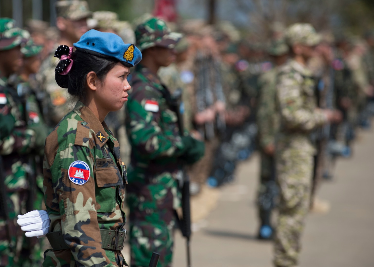 A Cambodian platoon leader stands in formation during the opening ceremony of Shanti Prayas III in Nepal. Shanti Prayas III is a multinational United Nations peacekeeping exercise designed to provide pre-deployment training to U.N. partner countries in preparation for real-world peacekeeping operations. (U.S. Navy Photo by Petty Officer 2nd Class Taylor Mohr)