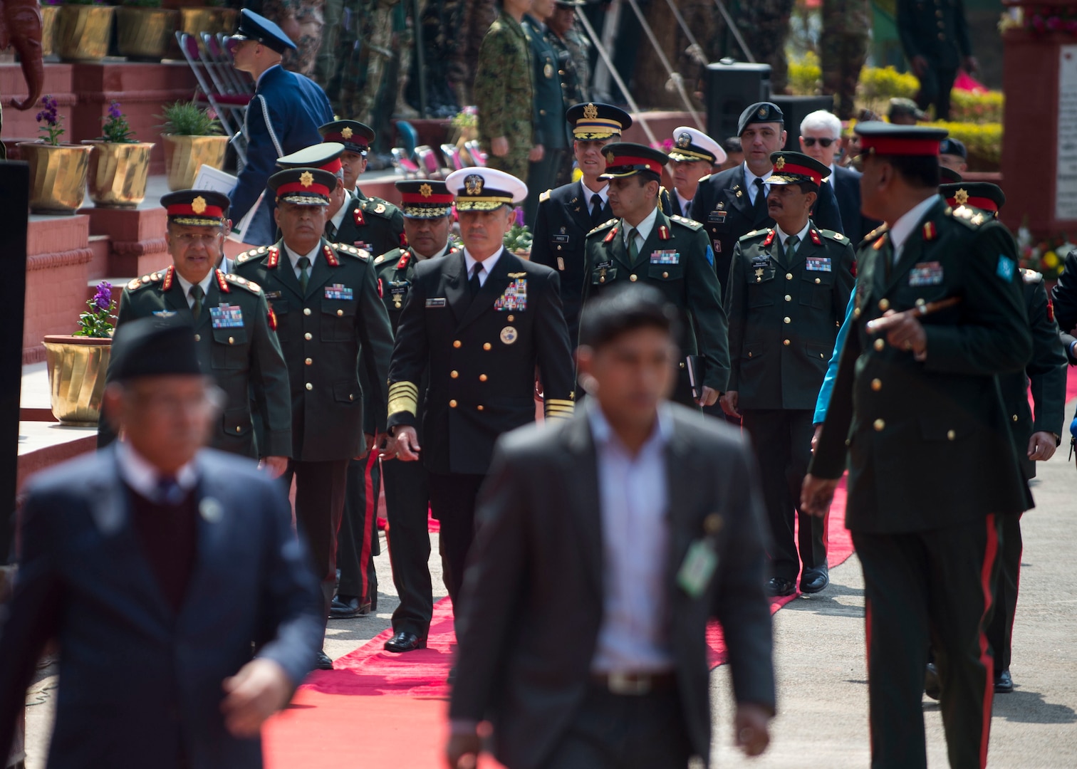 U.S. Pacific Command commander Admiral Harry Harris walks to the Martyr’s Memorial to lay a wreath in remembrance of fallen Nepalese peace keepers at Birendra Peace Operations Training Centre (BPOTC) in Nepal during the opening ceremony of Shanti Prayas III. Shanti Prayas III is a multinational United Nations peacekeeping exercise designed to provide pre-deployment training to U.N. partner countries in preparation for real-world peacekeeping operations. (U.S. Navy Photo by Petty Officer 2nd Class Taylor Mohr)