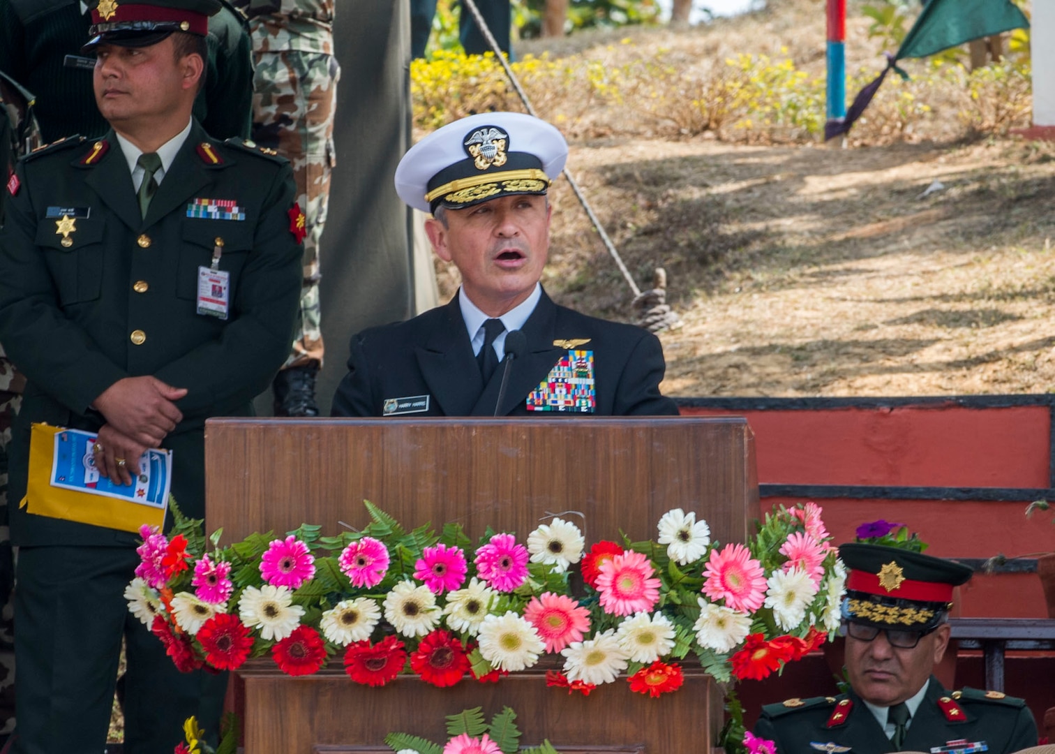 U.S. Pacific Command commander Admiral Harry Harris gives opening remarks at the Birendra Peace Operations Training Centre (BPOTC) in Nepal during the opening ceremony of exercise Shanti Prayas III. Shanti Prayas III is a multinational United Nations peacekeeping exercise designed to provide pre-deployment training to U.N. partner countries in preparation for real-world peacekeeping operations. (U.S. Navy Photo by Petty Officer 2nd Class Taylor Mohr)