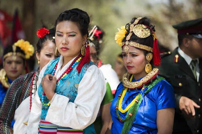 Nepalese performers stand by to give a cultural performance during the opening ceremony of Shanti Prayas III in Nepal.  Shanti Prayas III is a multinational United Nations peacekeeping exercise designed to provide pre-deployment training to U.N. partner countries in preparation for real-world peacekeeping operations. (U.S. Navy Photo by Petty Officer 2nd Class Taylor Mohr)