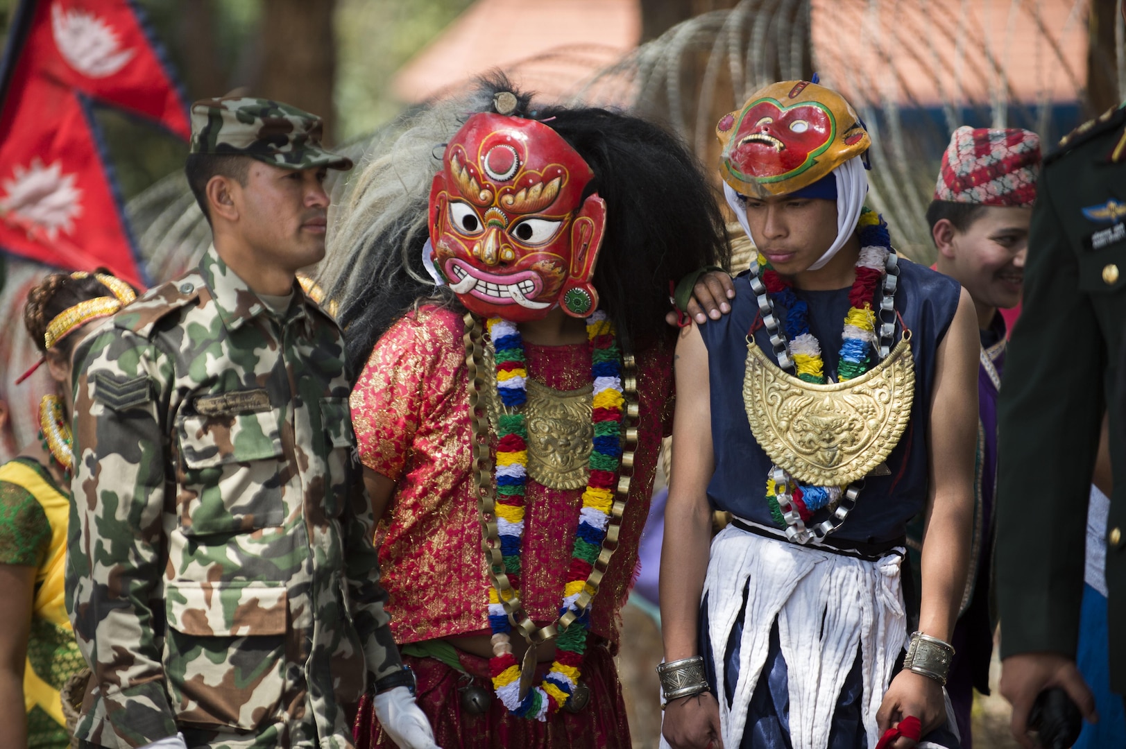 Nepalese performers stand by to give a cultural performance during the opening ceremony of Shanti Prayas III in Nepal.  Shanti Prayas III is a multinational United Nations peacekeeping exercise designed to provide pre-deployment training to U.N. partner countries in preparation for real-world peacekeeping operations. (U.S. Navy Photo by Petty Officer 2nd Class Taylor Mohr)