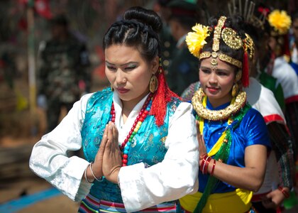 Nepalese performers stand by to give a cultural performance during the opening ceremony of Shanti Prayas III in Nepal.  Shanti Prayas III is a multinational United Nations peacekeeping exercise designed to provide pre-deployment training to U.N. partner countries in preparation for real-world peacekeeping operations. (U.S. Navy Photo by Petty Officer 2nd Class Taylor Mohr)