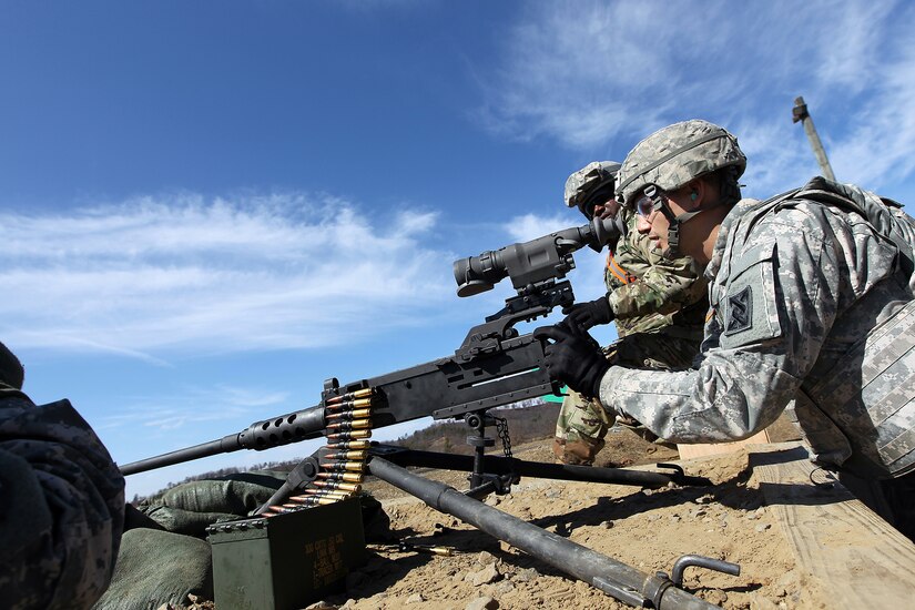 Spc. Daniel Cirino, Cargo Specialist assigned to the 489th Transportation Company, Jacksonville, Florida, fires an M2 .50 Caliber Machine Gun during a weapons qualification at the Operation Cold Steel exercise conducted at Fort McCoy, Wisconsin, Mar. 19, 2017. Operation Cold Steel is the U.S. Army Reserve’s first large-scale live-fire training and crew-served weapons qualification and validation exercise. Cold Steel is an important step in ensuring that America’s Army Reserve units and Soldiers are trained and ready to deploy on short-notice and bring combat-ready and lethal firepower in support of the Total Army and Joint Force partners anywhere in the world. 475 crews with an estimated 1,600 Army Reserve Soldiers will certify in M2, M19 and M240 Bravo gunner platforms across 12-day rotations through the seven-week exercise. In support of the Total Army Force, First Army Master Gunners participated in Cold Steel to provide expertise in crew level gunnery qualifications, and to develop Vehicle Crew Evaluator training, preparing units here and when they return to their home stations to conduct crew served weapons training and vehicle crew gunnery at the unit-level. 
(U.S. Army Reserve photo by Master Sgt. Anthony L. Taylor)