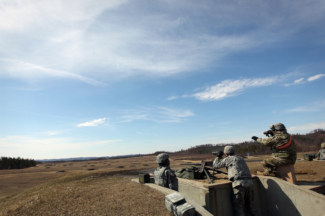 Spc. Daniel Cirino, Cargo Specialist assigned to the 489th Transportation Company, Jacksonville, Florida, reviews his target through his scope while using an M2 .50 Caliber Machine Gun during a weapons qualification at the Operation Cold Steel exercise conducted at Fort McCoy, Wisconsin, Mar. 19, 2017. Operation Cold Steel is the U.S. Army Reserve’s first large-scale live-fire training and crew-served weapons qualification and validation exercise. Cold Steel is an important step in ensuring that America’s Army Reserve units and Soldiers are trained and ready to deploy on short-notice and bring combat-ready and lethal firepower in support of the Total Army and Joint Force partners anywhere in the world. 475 crews with an estimated 1,600 Army Reserve Soldiers will certify in M2, M19 and M240 Bravo gunner platforms across 12-day rotations through the seven-week exercise. In support of the Total Army Force, First Army Master Gunners participated in Cold Steel to provide expertise in crew level gunnery qualifications, and to develop Vehicle Crew Evaluator training, preparing units here and when they return to their home stations to conduct crew served weapons training and vehicle crew gunnery at the unit-level. 
(U.S. Army Reserve photo by Master Sgt. Anthony L. Taylor)