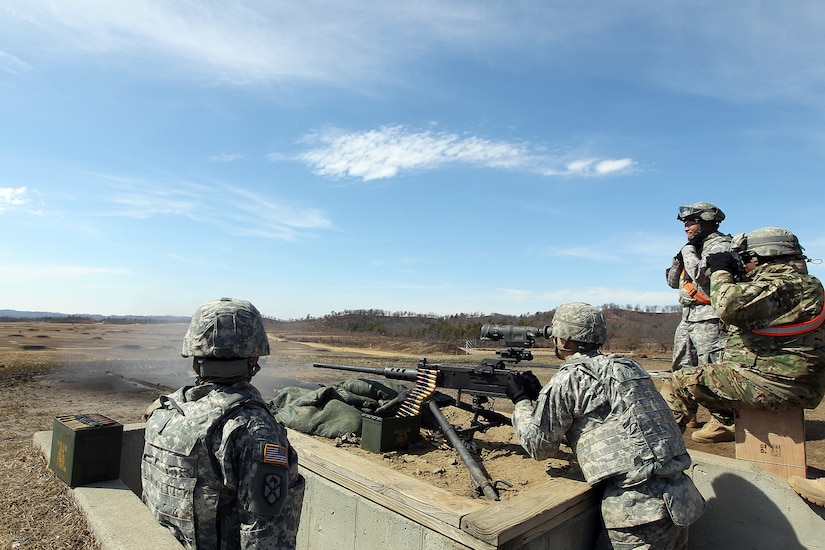Spc. Daniel Cirino, Cargo Specialist assigned to the 489th Transportation Company, Jacksonville, Florida, fires an M2 .50 Caliber Machine Gun during a weapons qualification at the Operation Cold Steel exercise conducted at Fort McCoy, Wisconsin, Mar. 19, 2017. Operation Cold Steel is the U.S. Army Reserve’s first large-scale live-fire training and crew-served weapons qualification and validation exercise. Cold Steel is an important step in ensuring that America’s Army Reserve units and Soldiers are trained and ready to deploy on short-notice and bring combat-ready and lethal firepower in support of the Total Army and Joint Force partners anywhere in the world. 475 crews with an estimated 1,600 Army Reserve Soldiers will certify in M2, M19 and M240 Bravo gunner platforms across 12-day rotations through the seven-week exercise. In support of the Total Army Force, First Army Master Gunners participated in Cold Steel to provide expertise in crew level gunnery qualifications, and to develop Vehicle Crew Evaluator training, preparing units here and when they return to their home stations to conduct crew served weapons training and vehicle crew gunnery at the unit-level. 
(U.S. Army Reserve photo by Master Sgt. Anthony L. Taylor)