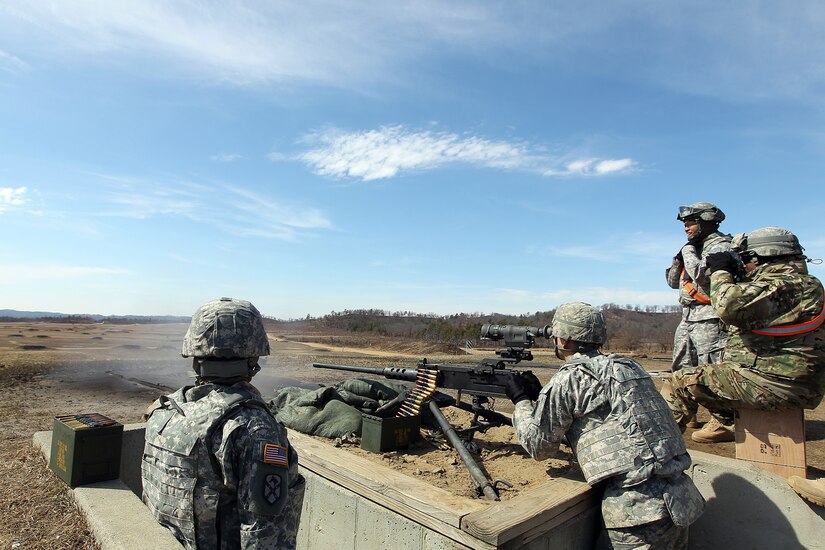 Spc. Daniel Cirino, Cargo Specialist assigned to the 489th Transportation Company, Jacksonville, Florida, fires an M2 .50 Caliber Machine Gun during a weapons qualification at the Operation Cold Steel exercise conducted at Fort McCoy, Wisconsin, Mar. 19, 2017. Operation Cold Steel is the U.S. Army Reserve’s first large-scale live-fire training and crew-served weapons qualification and validation exercise. Cold Steel is an important step in ensuring that America’s Army Reserve units and Soldiers are trained and ready to deploy on short-notice and bring combat-ready and lethal firepower in support of the Total Army and Joint Force partners anywhere in the world. 475 crews with an estimated 1,600 Army Reserve Soldiers will certify in M2, M19 and M240 Bravo gunner platforms across 12-day rotations through the seven-week exercise. In support of the Total Army Force, First Army Master Gunners participated in Cold Steel to provide expertise in crew level gunnery qualifications, and to develop Vehicle Crew Evaluator training, preparing units here and when they return to their home stations to conduct crew served weapons training and vehicle crew gunnery at the unit-level. 
(U.S. Army Reserve photo by Master Sgt. Anthony L. Taylor)