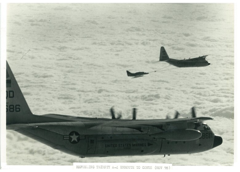 Marine Aerial Refueler Transport Squadron (VMGR) 152 refuels an aircraft in November 1978. VMGR-152, also known as the Sumos, celebrated the 75th anniversary of the squadron at Marine Corps Air Station Iwakuni, Japan, March 9, 2017. Throughout the past seven and a half decades, VMGR-152 made its mark in Marine Corps history, accrediting their success to countless missions the squadron has flown during both combat support and humanitarian aid. (Courtesy photo)