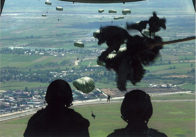 Marine Aerial Refueler Transport Squadron (VMGR) 152 conducts low-level static line parachute drops in the Philippines. VMGR-152, also known as the Sumos, celebrated the 75th anniversary of the squadron at Marine Corps Air Station Iwakuni, Japan, March 9, 2017. Throughout the past seven and a half decades, VMGR-152 made its mark in Marine Corps history, accrediting their success to countless missions the squadron has flown during both combat support and humanitarian aid. (Courtesy photo)