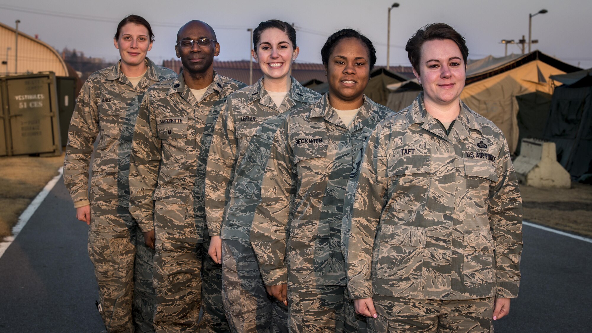 The Key Resolve 2017 life support area, called Rush Park, is manned by two flights, posed in this photo, under the command of Lt. Col. Kevin Marzette, the Rush Park mayor at Osan Air Base, Republic of Korea, March 14, 2017. The Personnel Support for Contingency Operations, or PERSCO, and the Services Sustainment Flight, work hand-in-hand to ensure all forward deployed personnel lodging at Rush Park are both accounted for and comfortable. (U.S. Air Force photo by Staff Sgt. Benjamin W. Stratton)