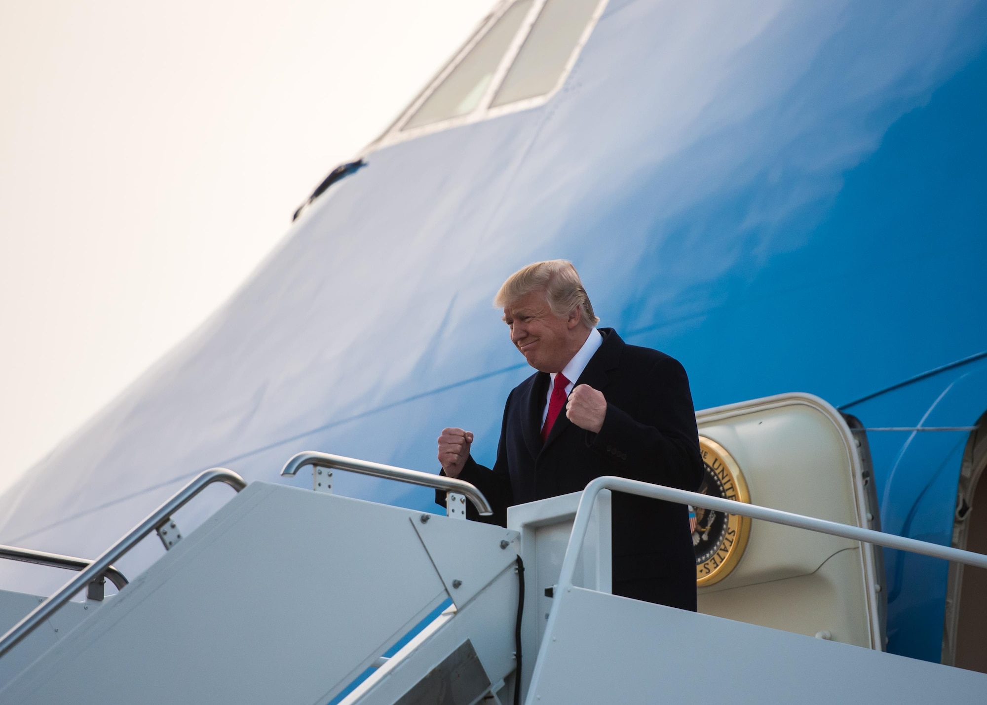President Donald Trump exits Air Force One at the Kentucky Air National Guard Base in Louisville, Ky., March 20, 2017. Trump was in Louisville to attend a rally at the Kentucky Exposition Center. (U.S. Air National Guard photo by Master Sgt. Phil Speck)
