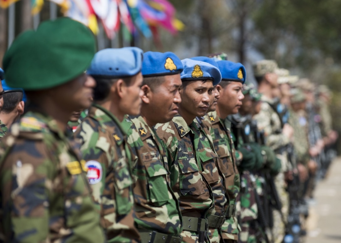 Cambodian soldiers stand in formation during the opening ceremony of Shanti Prayas III, a multinational United Nations peacekeeping exercise taking place in Nepal, March 20, 2017. Navy photo by Petty Officer 2nd Class Taylor Mohr