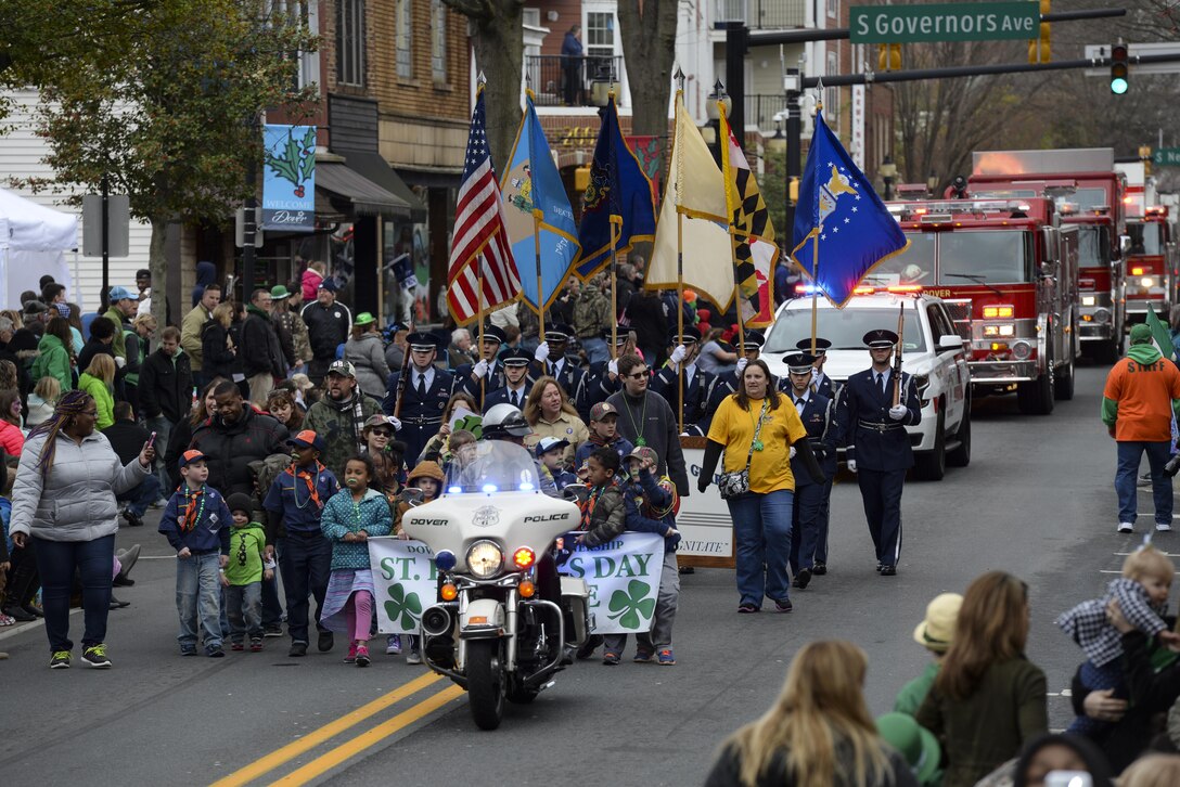 The St. Patrick’s Day Parade kicks off March 18, 2017, in Downtown Dover, Del. A Dover Police officer, local scouts and members of the Dover Air Force Base Honor Guard led the parade. (U.S. Air Force photo by Senior Airman Aaron J. Jenne)