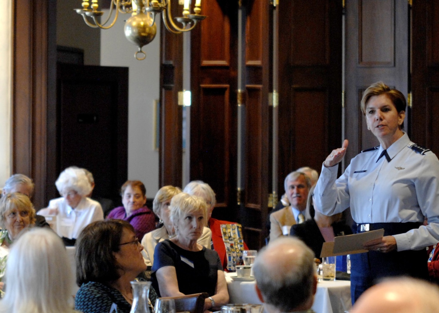 General Lori Robinson, North American Aerospace Defense Command and U.S. Northern Command commander, spoke to a full house Saturday afternoon at the Zebulon Pike Chapter of the Daughters of the American Revolution meeting.  More than 80 members, spouses and prospective members gathered at the El Paso Club in downtown Colorado Springs for lunch, socializing and to hear the service’s highest ranking female speak about her role leading the only bi-national command in the world.  The general spoke about the complexity of the Commands’ missions to defend the United States and Canada and the trust she has in the U.S. and Canadian service members who work daily to perform the missions.  Before closing, the general thanked the organization for their continued support of the military and for embracing the service members into the Colorado Springs community. 