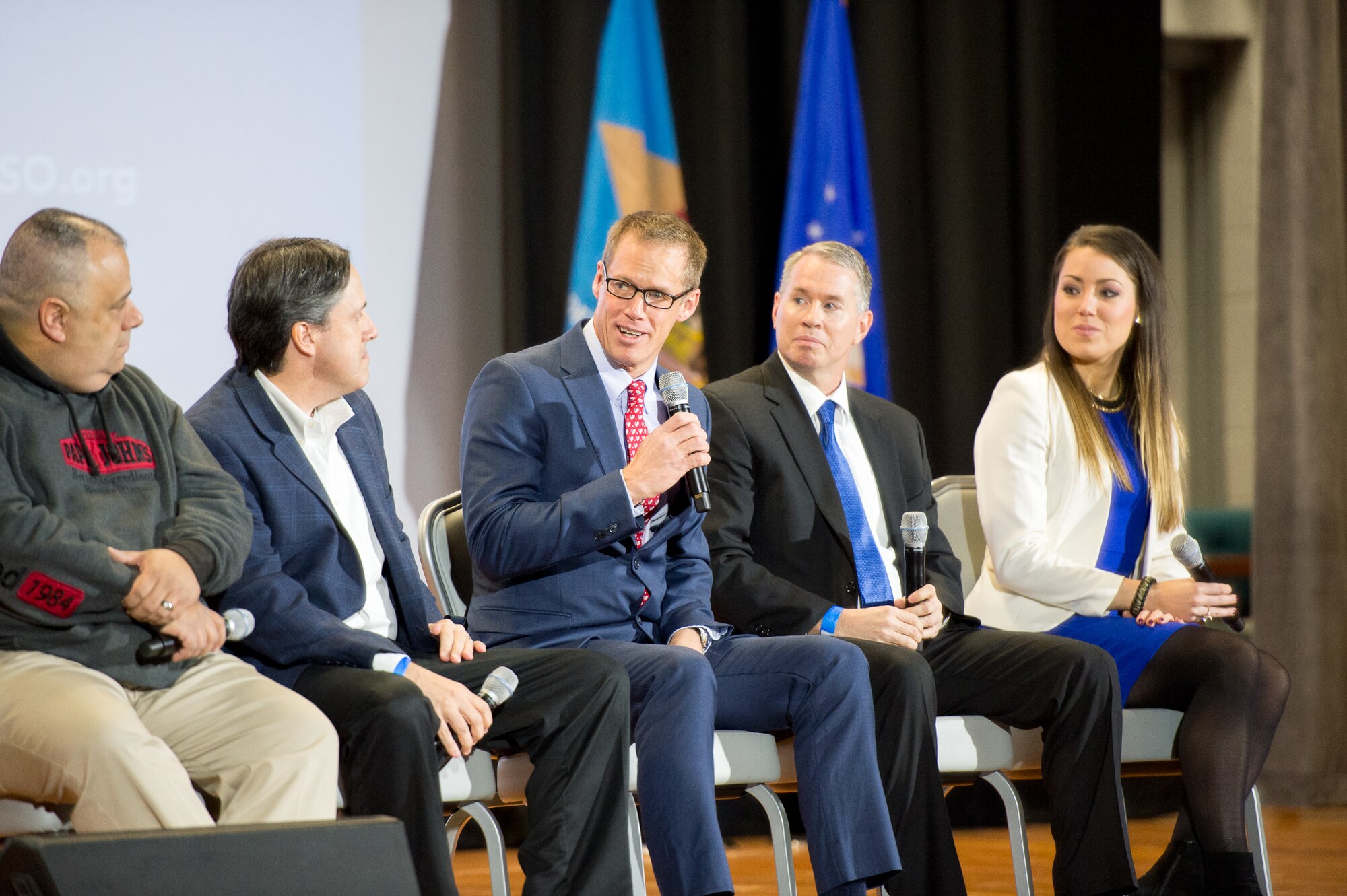 Panel members answer questions from Team Dover attendees at the Transition Summit March 15, 2017, at Dover Air Force Base, Del. The panel included Daniel Ramirez, retired Air Force veteran who now owns five Papa John’s restaurants; Marine veteran Ray Milano, U.S. Small Business Administration; retired Army Maj. Charlie Bailey, USO Transition Services; Brad Bentley, President of Fastport Inc.; and Lauren Bacon, Hilton Inc. military hiring manager. (U.S. Air Force photo by Mauricio Campino)