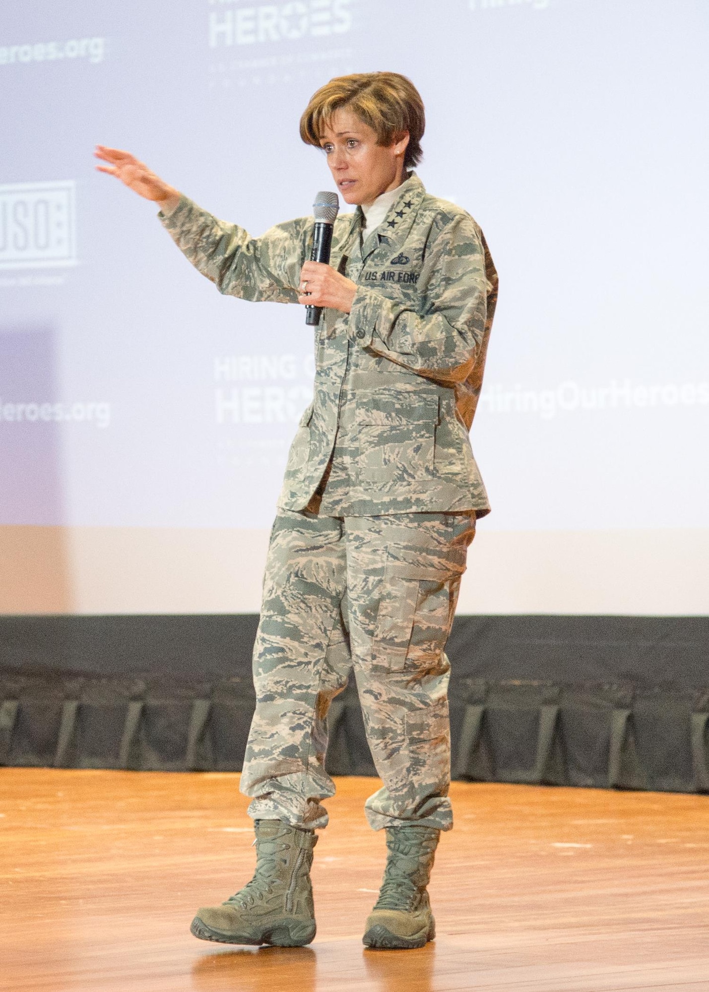 Guest speaker Lt. Gen. Gina M. Grosso, Deputy Chief of Staff for Manpower, Personnel and Services, gives the opening remarks during the second day of the Transition Summit March 16, 2017, at Dover Air Force Base, Del. Grosso spoke about the importance of maintaining military core values even after transitioning to the civilian sector. (U.S. Air Force photo by Mauricio Campino)