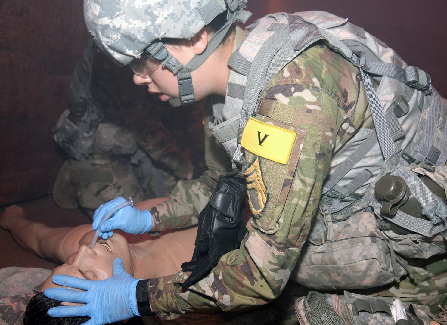 Pvt. Sadie Gowan of the 232nd Medical Battalion works to intubate a mannequin at the Combat Trauma Patient Simulation Lab, located at the Medical Education Training Campus at Joint Base San Antonio-Fort Sam Houston.