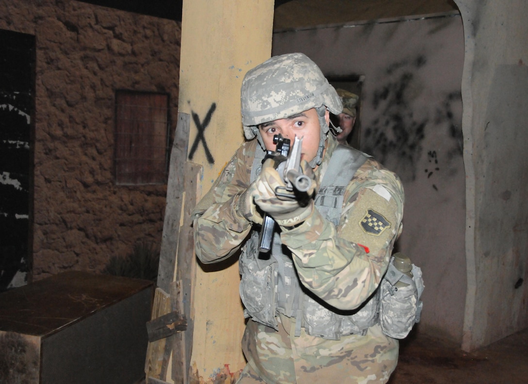 Capt. Barry Stevenson, with the U.S. Army Reserve’s 318th Press Camp Headquarters, pulls security during dismounted patrol training March 20 on the mountain lane at the New Jersey National Guard’s Joint Training and Training Development Center on Joint Base McGuire-Dix-Lakehurst, New Jersey.  The training is part of the unit’s annual training which includes refresher courses on basic Soldier skills.