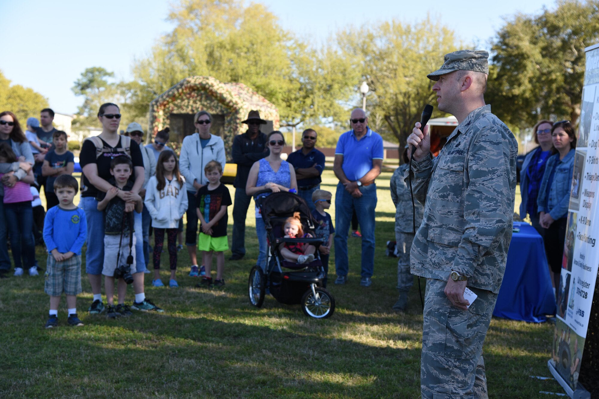 Col. Danny Davis, 81st Mission Support Group commander, delivers opening remarks during Operation Hero March 18, 2017, on Keesler Air Force Base, Miss. The activities at the event were designed to help children better understand what their parents do when they deploy. (U.S. Air Force photo by Kemberly Groue)