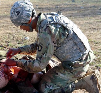 Pvt. Andwelle Foster, a combat medic with 426th Brigade Support Battalion, 1st Brigade Combat Team, 101st Airborne Division, performs an incision on a simulated casualty during Brigade Combat Team Trauma Training at Fort Campbell, Ky., March 10. The BCT3 program ensures medics across the Army have the trauma and surgical skills to manage combat casualties prior to a deployment. BCT3 is led by a staff of experts from the U.S. Army Medical Department Center and School at Joint Base San Antonio-Fort Sam Houston.