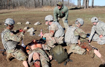 Soldiers from 1st Brigade Combat Team and 2nd Brigade Combat Team, 101st Airborne Division, perform rapid trauma assessment and tactical field care on simulated casualties during Brigade Combat Team Trauma Training on Fort Campbell, Kentucky, Mar. 10, 2017. BCT3 is led by a staff of experts from the U.S. Army Medical Department Center and School at Joint Base San Antonio-Fort Sam Houston.