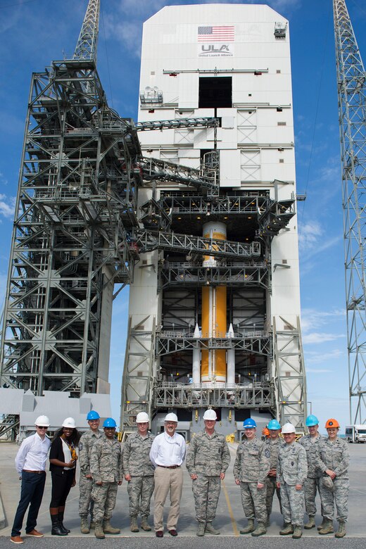 Gen. Jay Raymond, commander of Air Force Space Command, members of the 45th Launch Group and members of United Launch Alliance, tour the Delta IV Space Launch Complex 37, March 8, 2017, at Cape Canaveral Air Force Station, Fla. The tour included a close up view of the WGS-09 payload fairing, which was adorned with the 70th Anniversary “U.S. Air Force Breaking Barriers” emblem. (U.S. Air Force photo/Matthew Jurgens) 