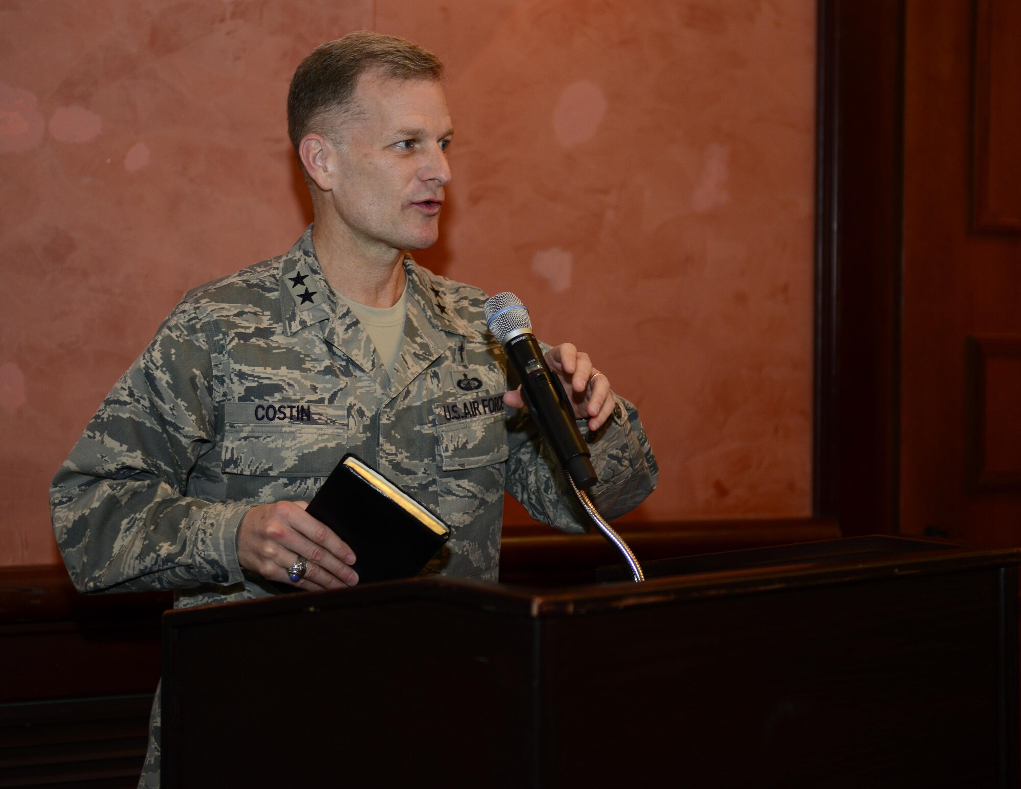 Maj. Gen. Dondi Costin, U.S. Air Force chief of chaplains, speaks during a National Prayer Breakfast event at Aviano Air Base, Italy, March 20, 2017. The event has been held annually since President Dwight Eisenhower first hosted it in 1953. (U.S. Air Force photo by Staff Sgt. Krystal Ardrey)