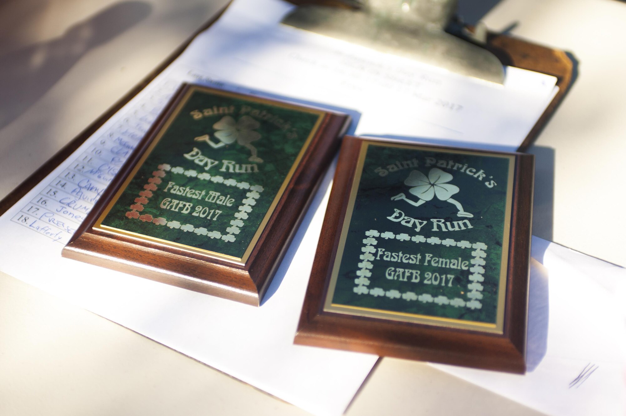 St. Patrick’s day trophies for the winners of the St. Patrick’s day run on Goodfellow Air Force Base, Texas, March 17th, 2017. The categories were divided by gender. (U.S. Air Force photo by Senior Airman Scott Jackson/Released)