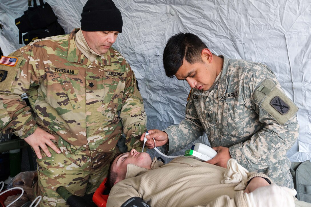 South Carolina Army National Guard Lt. Col. Jason Trigiani, left, and Sgt. George Uribe check Pfc. Samuel Sides' vital signs in a triage tent during a U.S. Army North joint training exercise in Owings Mills, Md., March 10, 2017. Trigiani is a physician's assistant and Uribe is a medic assigned to the South Carolina Army National Guard’s 251st Area Support Medical Company. Air National Guard photo by Tech. Sgt. Jorge Intriago