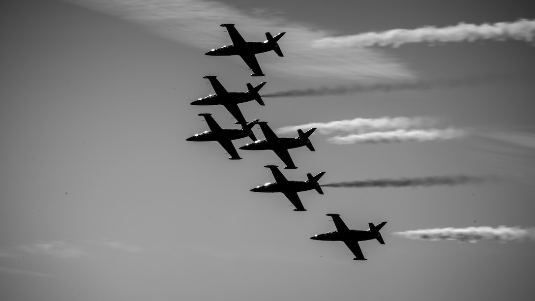 The Patriots Jet Team performs aerial acrobatics during the 2017 Yuma Airshow at Marine Corps Air Station Yuma, Ariz., Saturday,  March 18, 2017. The airshow served as an opportunity for MCAS Yuma to thank the local community for their continued support.
