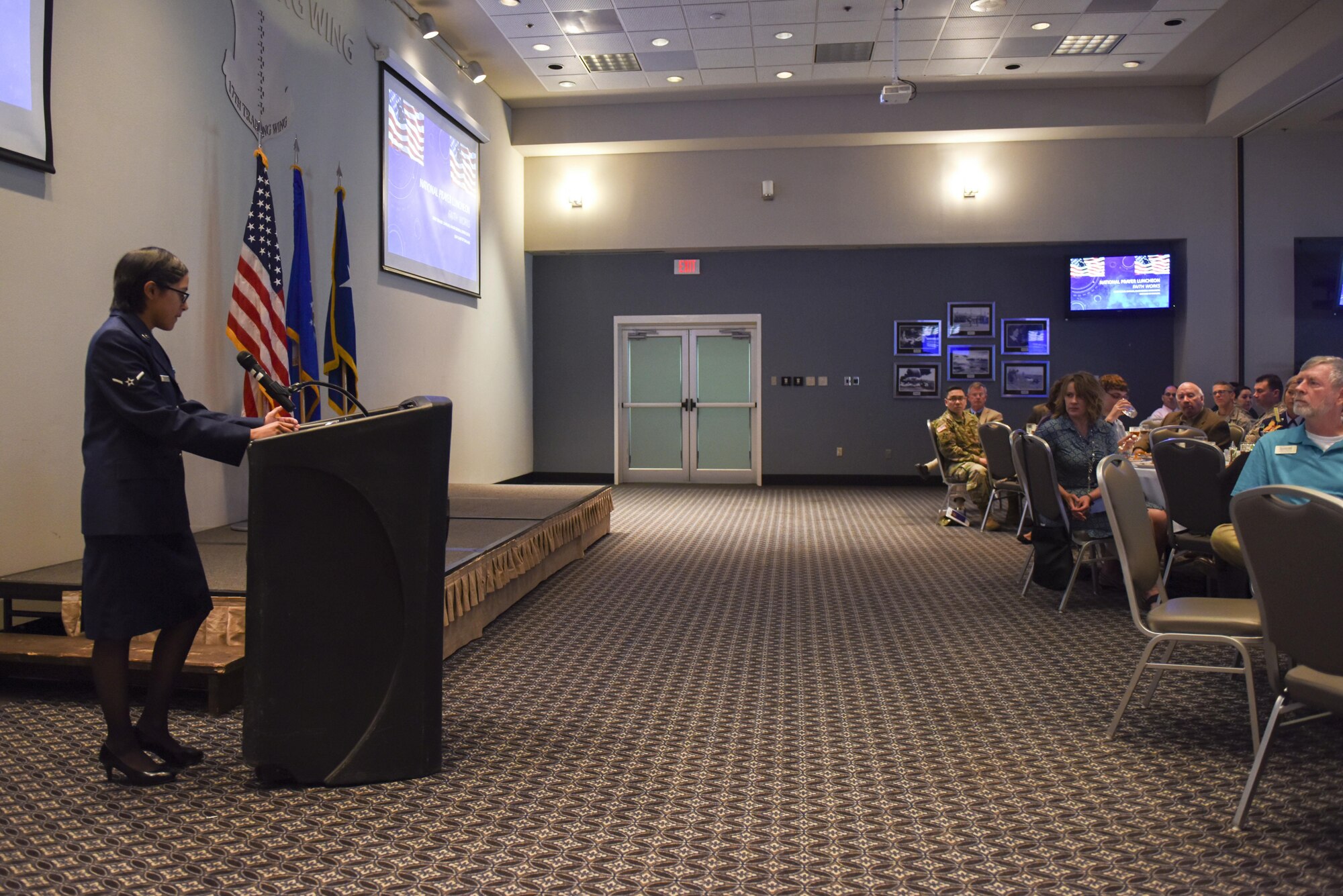 U.S. Air Force Airman Victoria Ramirez, 315th Training Squadron student, speaks at the Event Center on Goodfellow Air Force Base, Texas, March 15, 2017. Ramirez spoke about how her faith helped her through a challenging time. (U.S. Air Force photo by Airman 1st Class Chase Sousa/Released)