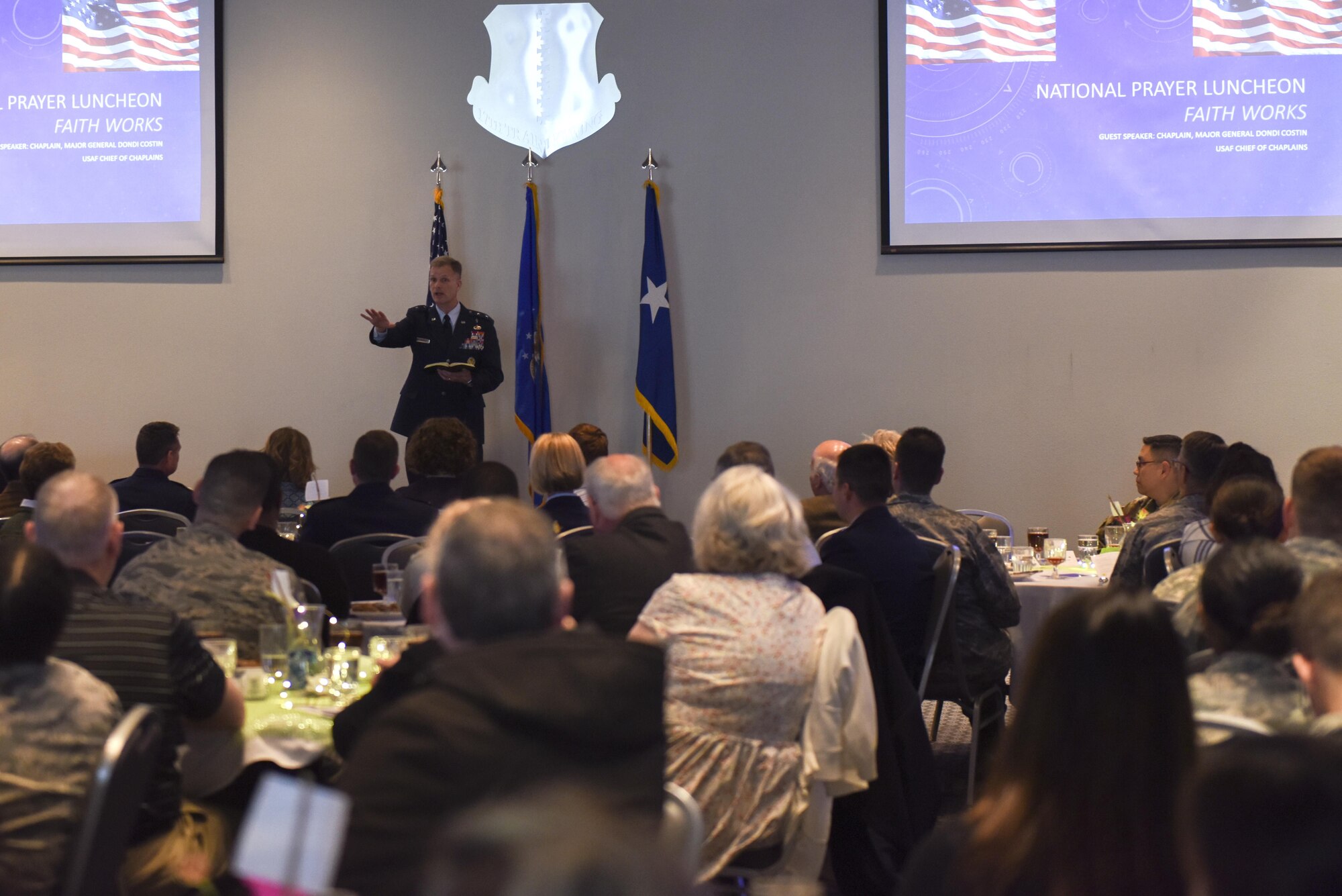 U.S. Air Force Chaplain (Maj. Gen.) Dondi Costin, Air Force Chief of Chaplains, gives a sermon at the Event Center on Goodfellow Air Force Base, Texas, March 15, 2017. Costin visited Goodfellow as part of the National Prayer Luncheon. (U.S. Air Force photo by Airman 1st Class Chase Sousa/Released)