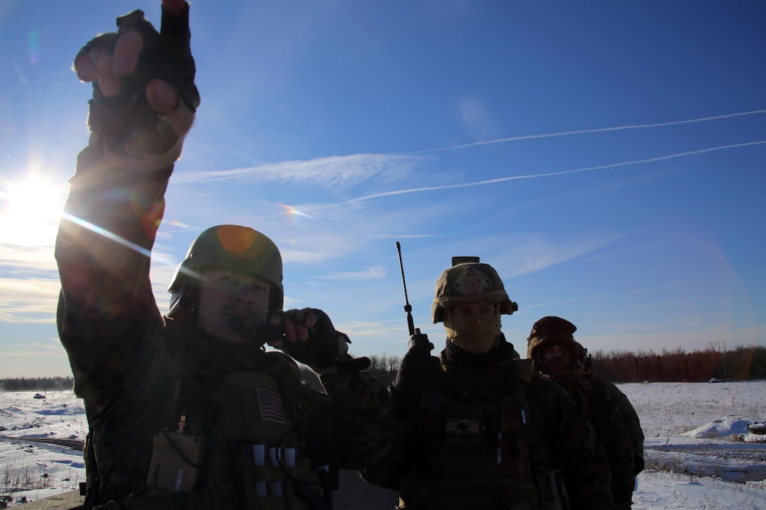 Staff Sgt. Randall Lester (left) points toward aircraft as Maj. Lauchlin Byrd (center) and Maj. Thomas Short (right) scan the skies during close air support operations at a range near Fort Drum, N.Y., March 16, 2017. Marines assigned to 1st Air Naval Gunfire Liaison Company, I Marine Expeditionary Force Headquarters Group, I Marine Expeditionary Force, worked in conjunction with Marines assigned to Marine Light Attack Helicopter Squadron 269, Marine Aircraft Group 29, 2nd Marine Aircraft Wing, to complete the training. Without the teamwork between Marines on the ground and Marines in the skies, pilots would have much more difficulty finding their mission objectives. Lester is a fire support chief, Byrd is the executive officer of 1st ANGLICO and Short is a pilot with MAG-29. (U.S. Marine Corps photo by Cpl. Mackenzie Gibson/Released)