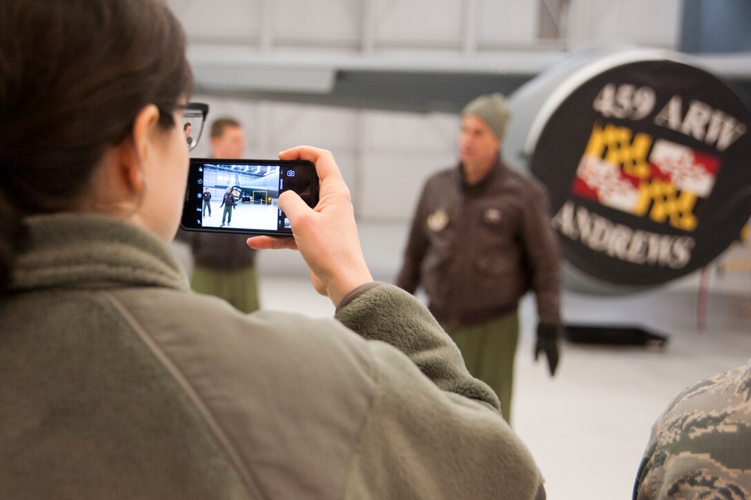 A University of Massachusetts Reserve Officer's Training Program cadet takes a picture during a tour of a 459th Air Refueling Wing KC-135R Stratotanker at Joint Base Andrews, Maryland, March 21, 2017. The cadets had the opportunity to learn about the unit, its mission and the structure, function and capabilities of the KC-135. (U.S. Air Force photo/Tech. Sgt. Kat Justen)