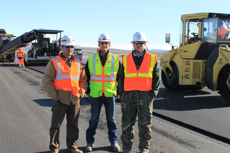 Engineers John Rushing, Jesse Doyle and Jeremy Robinson of ERDC-GSL provided continual inspection of the paving operation and helped identify deficiencies.