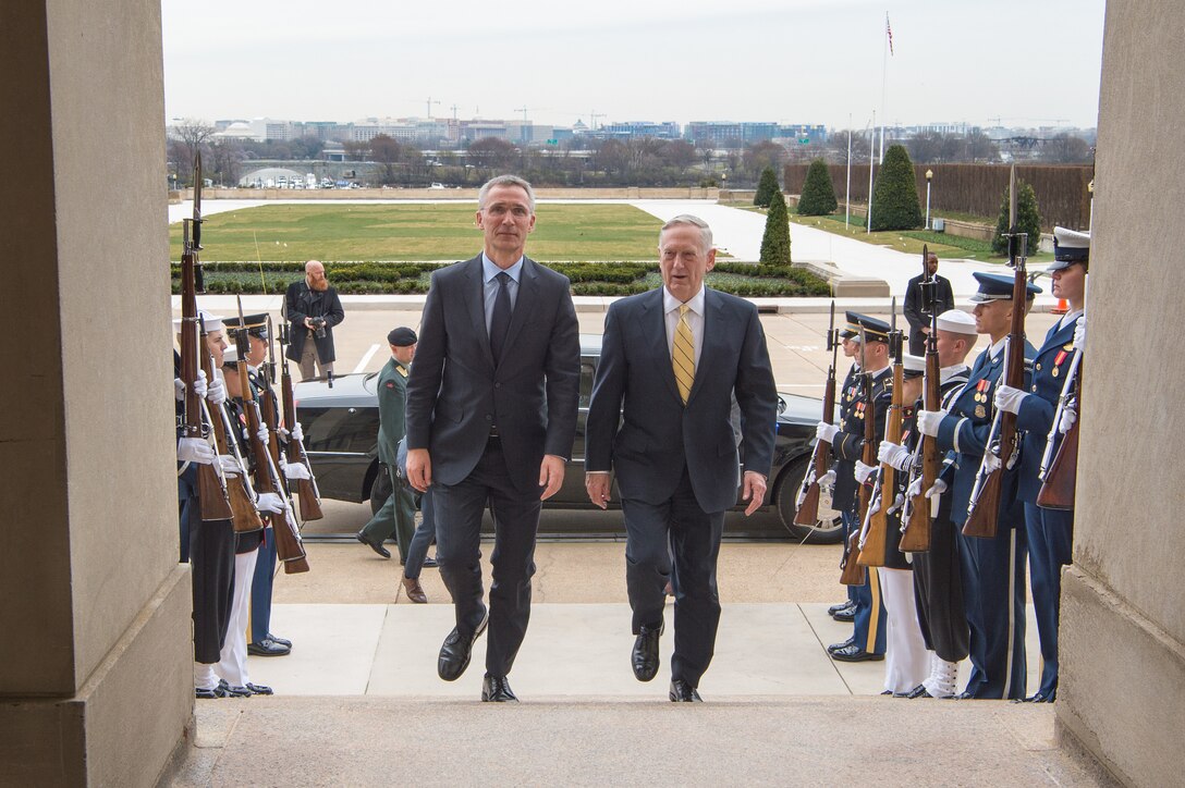 Defense Secretary Jim Mattis, right, walks with NATO Secretary General Jens Stoltenberg before a meeting at the Pentagon, March 21, 2017. DoD photo by Army Sgt. Amber I. Smith 
