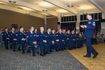 Chief Master Sgt. Dan McCarthy, 940th Aircraft Maintenance Squadron flight chief, speaks to NCOs and senior NCOs during an induction ceremony March 12, 2017, at Beale Air Force Base, California. Sixty-nine NCOs and 21 senior NCOs were welcomed into the next tier of the enlisted ranks. (U.S. Air Force photo by Senior Airman Tara R. Abrahams)