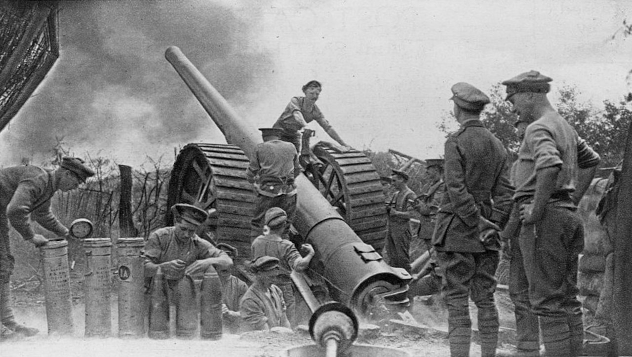 British soldiers prepare artillery shells and man a gun during World War I. Library of Congress photo